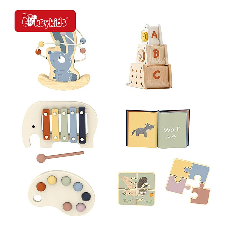 7-in-1 Montessori Nesting Box Set - Wooden Stacking Toys with Xylophone & Silicone Fidget Palette for Toddlers W12F262